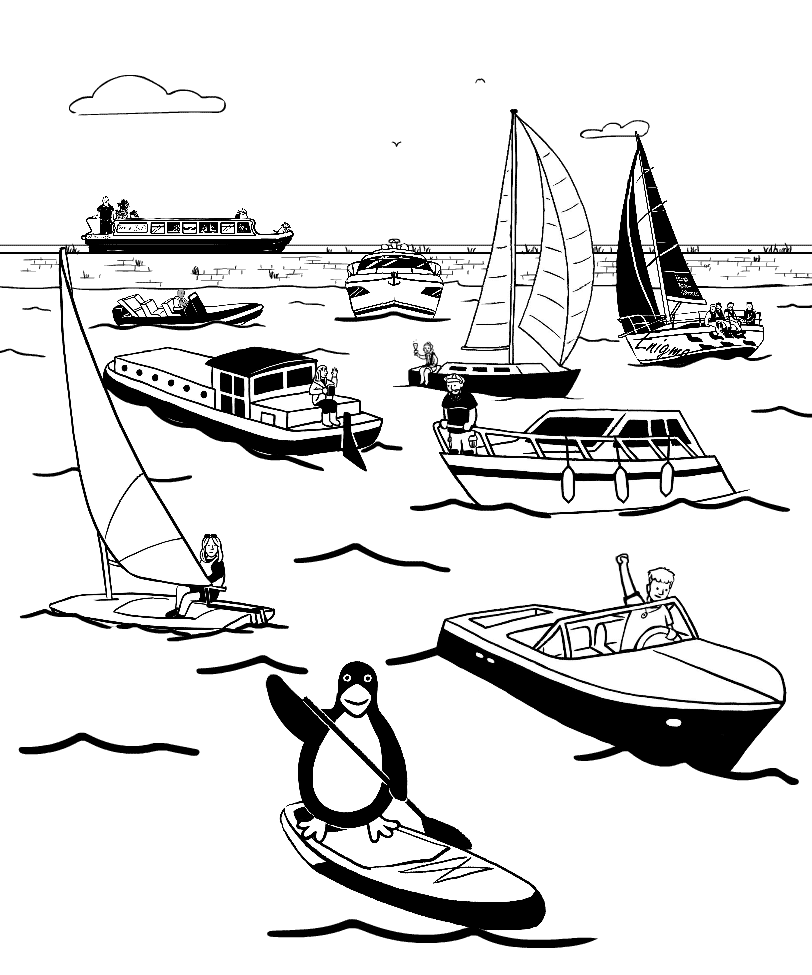 Various boats and sailboats enjoy the water—don’t forget your boat insurance, even if you're surfing with a penguin!.